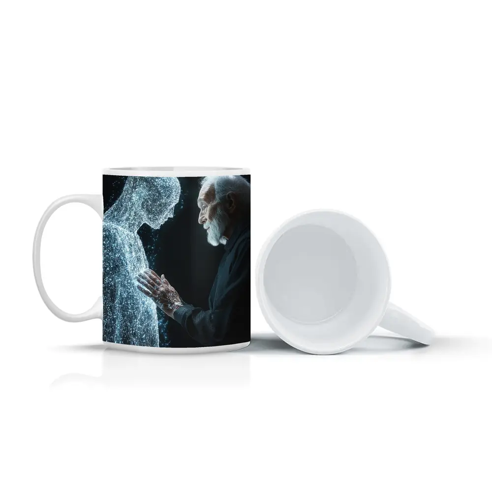 Old Man Reaching Glowing Spirit Figure Black – Mugs