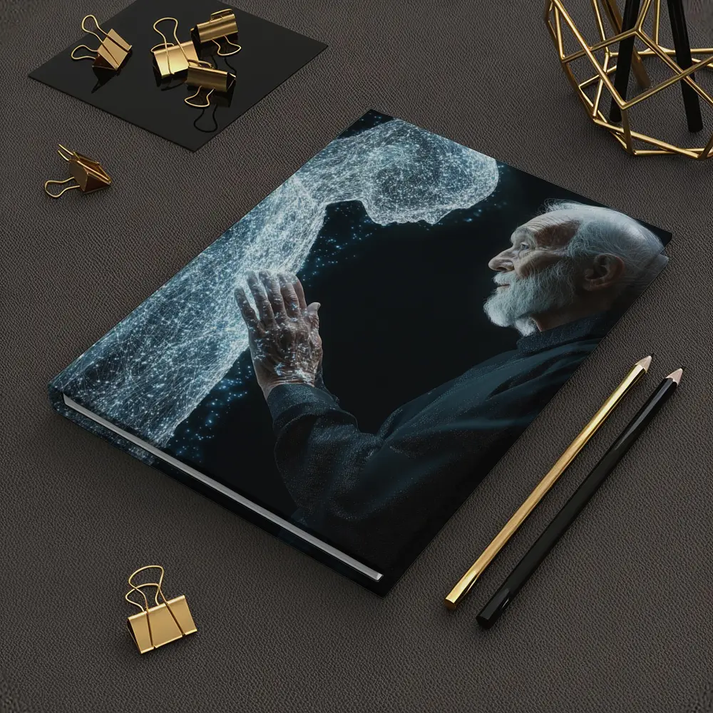 Old Man Reaching Glowing Spirit Figure Black – Notebooks