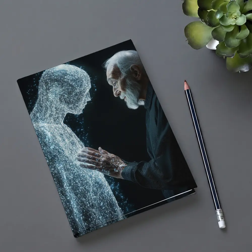Old Man Reaching Glowing Spirit Figure Black – Notebooks