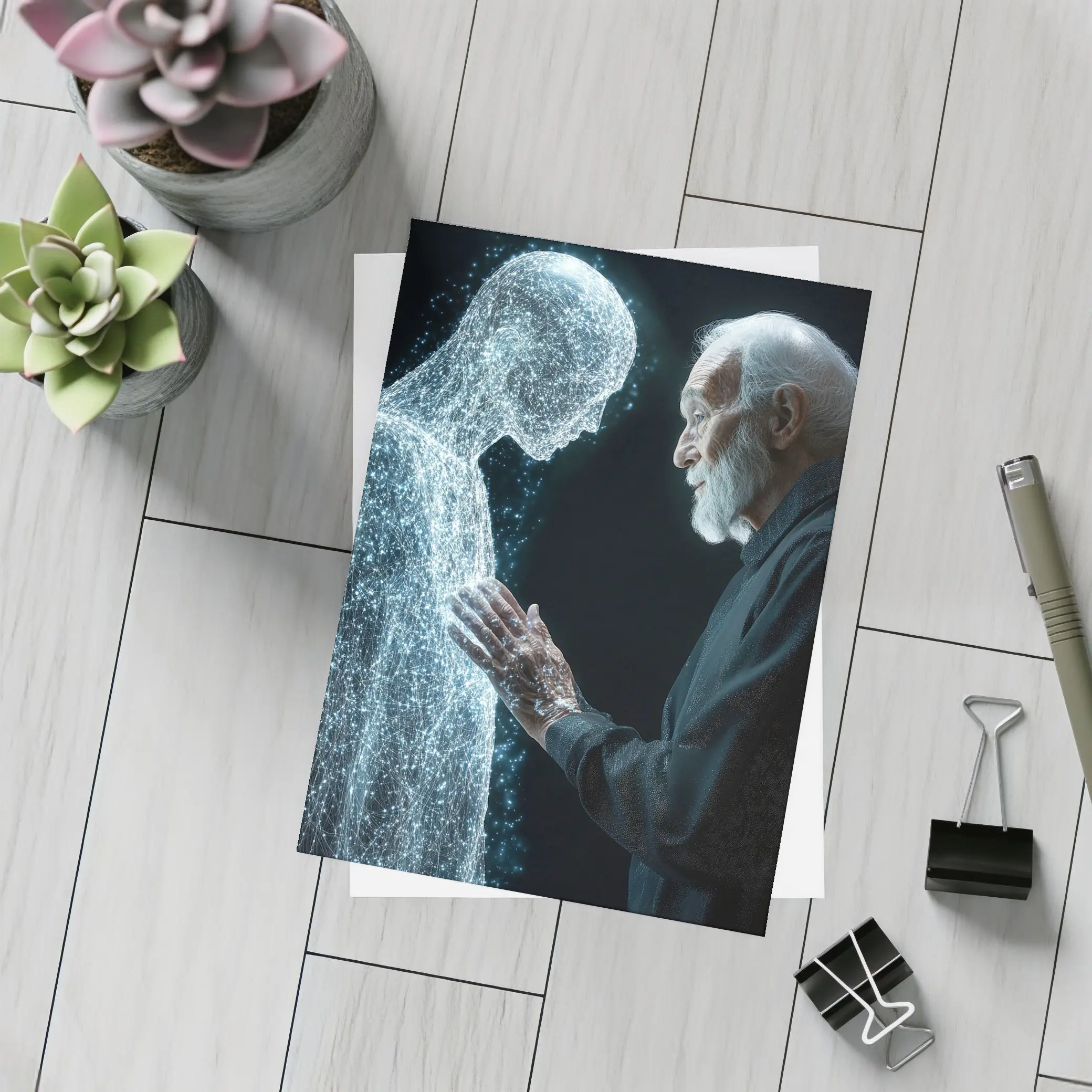 Old Man Reaching Glowing Spirit Figure Black – Postcards