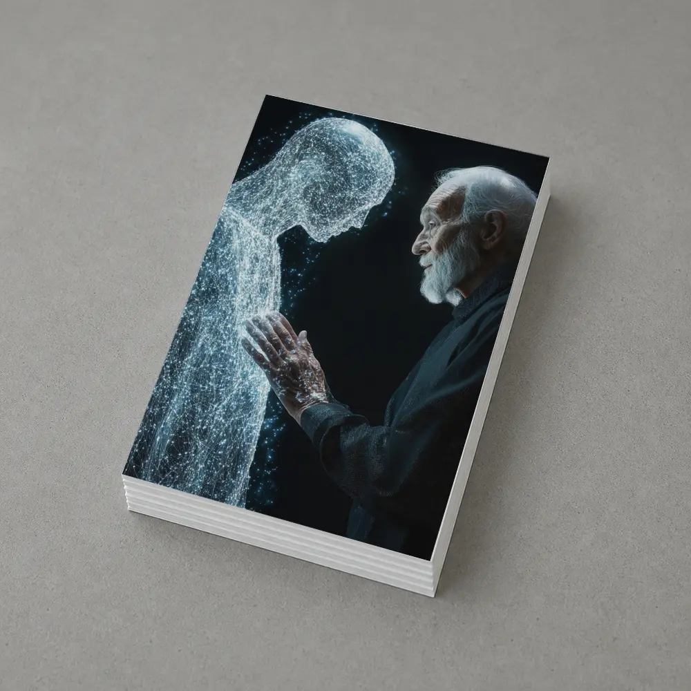 Old Man Reaching Glowing Spirit Figure Black – Postcards