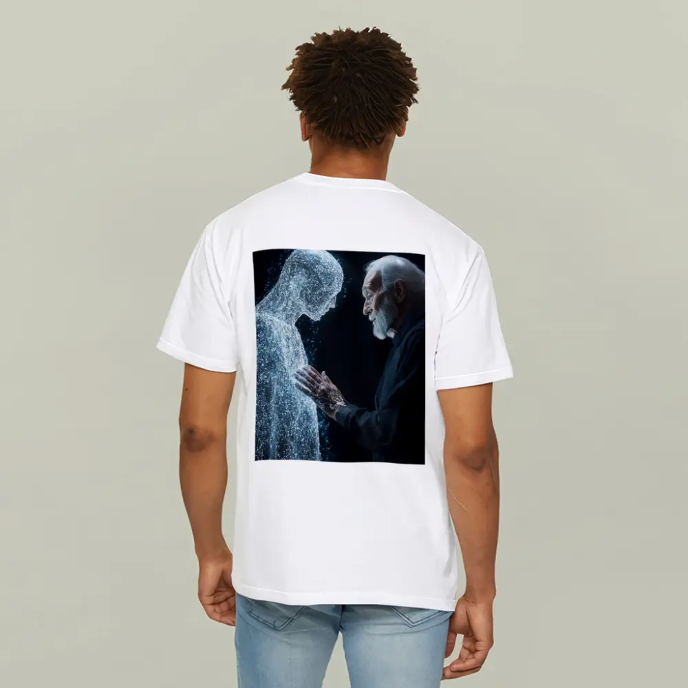 Old Man Reaching Glowing Spirit Figure Black – T-Shirts