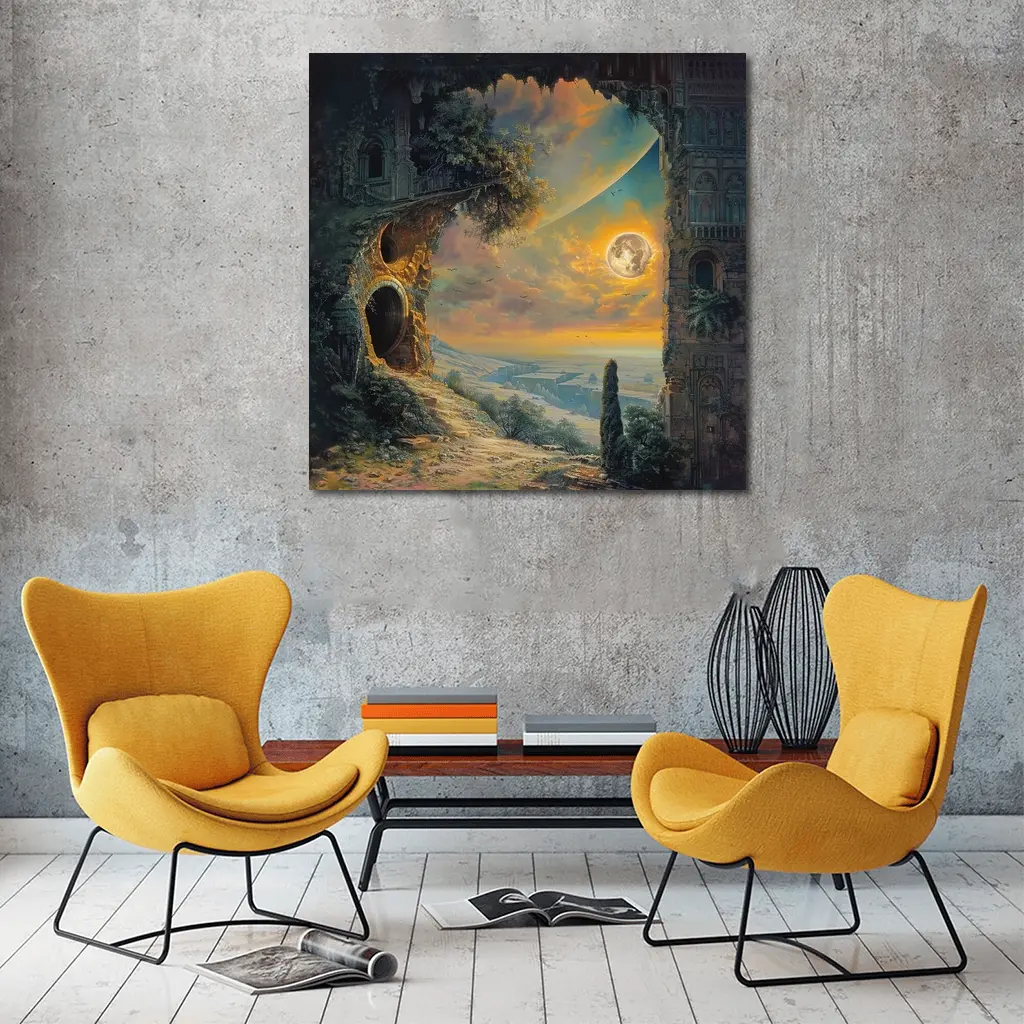 Fantasy Ruins Moon Golden Sky Landscape – Wall Art