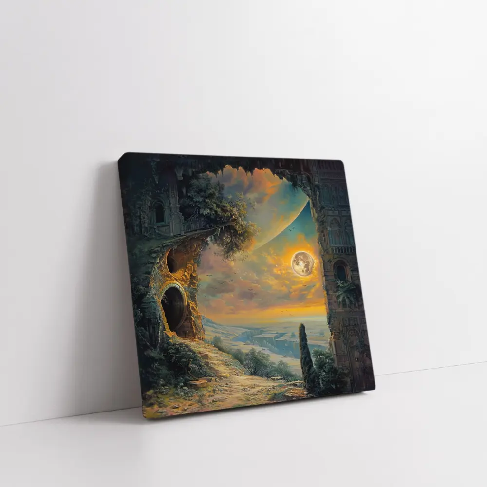 Fantasy Ruins Moon Golden Sky Landscape – Wall Art