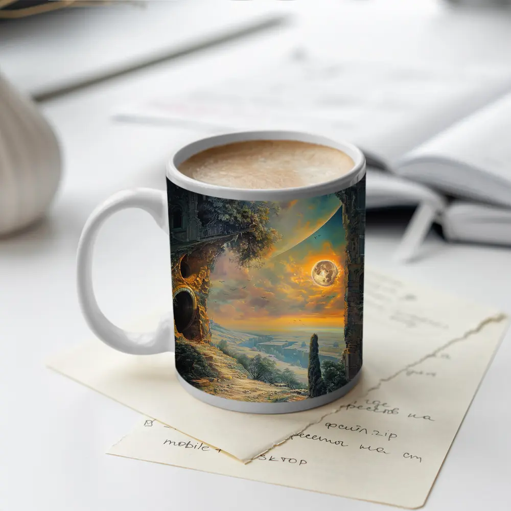 Fantasy Ruins Moon Golden Sky Landscape – Mugs