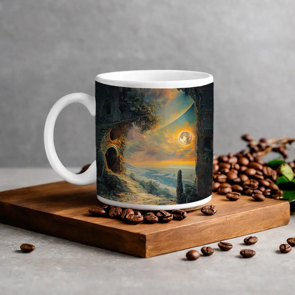 Fantasy Ruins Moon Golden Sky Landscape – Mugs