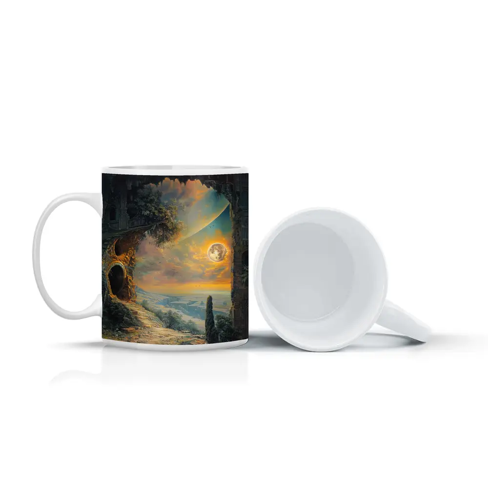 Fantasy Ruins Moon Golden Sky Landscape – Mugs
