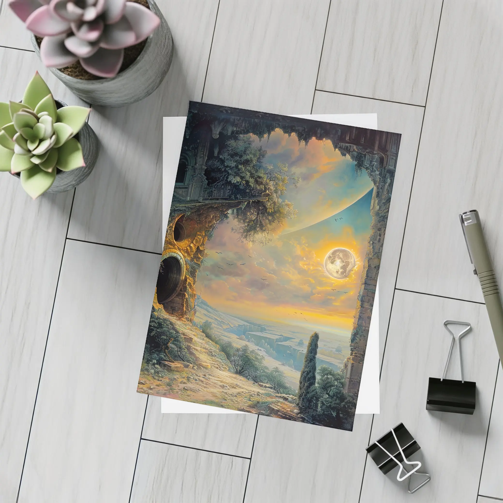 Fantasy Ruins Moon Golden Sky Landscape – Postcards