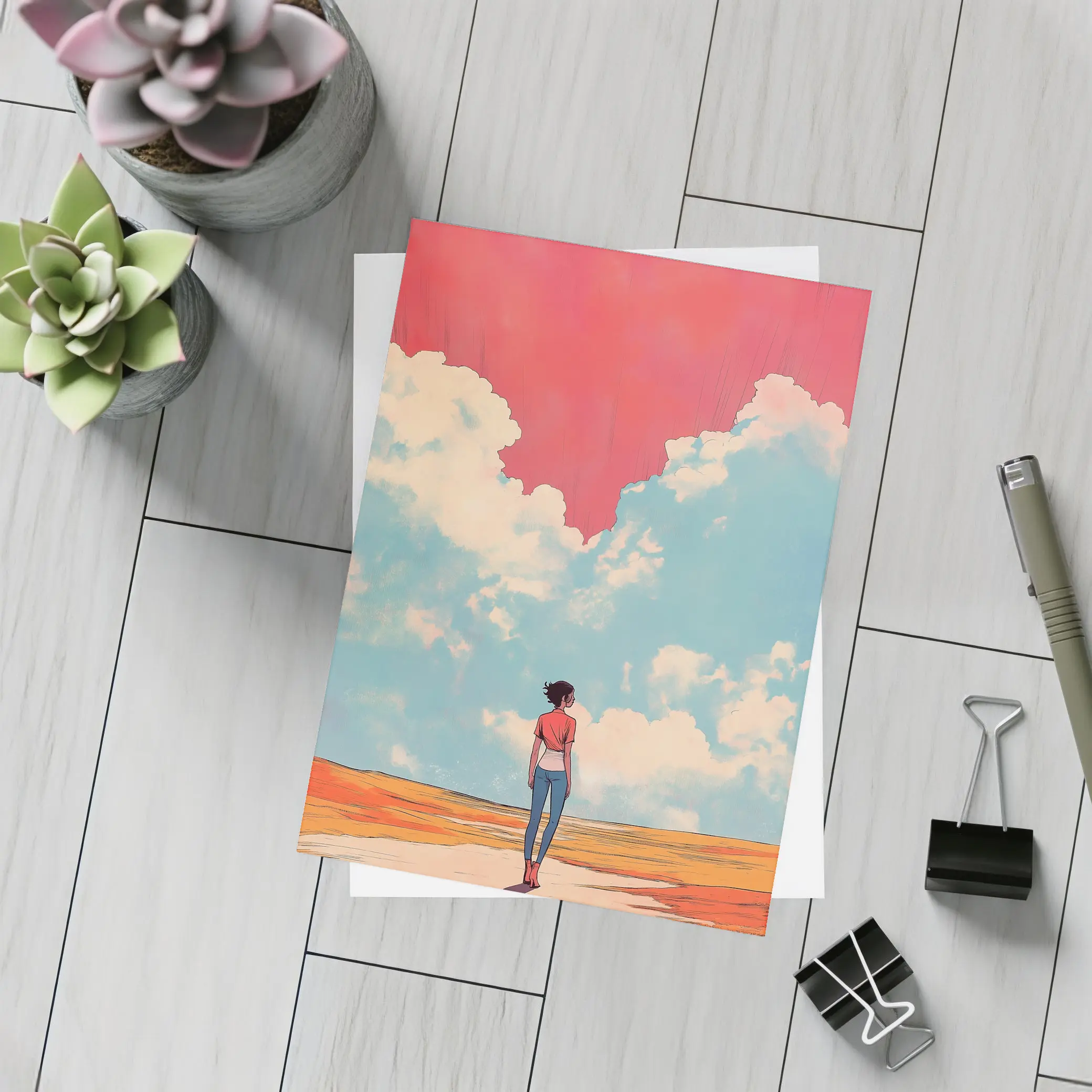 Anime Girl Standing Under Red Sky – Postcards