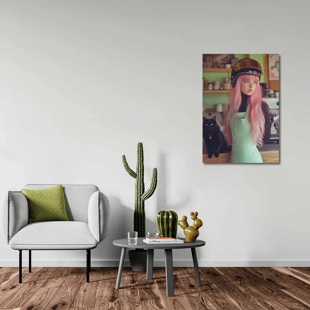 Pink Hair Girl Black Cat Coffee Shop – Wall Art