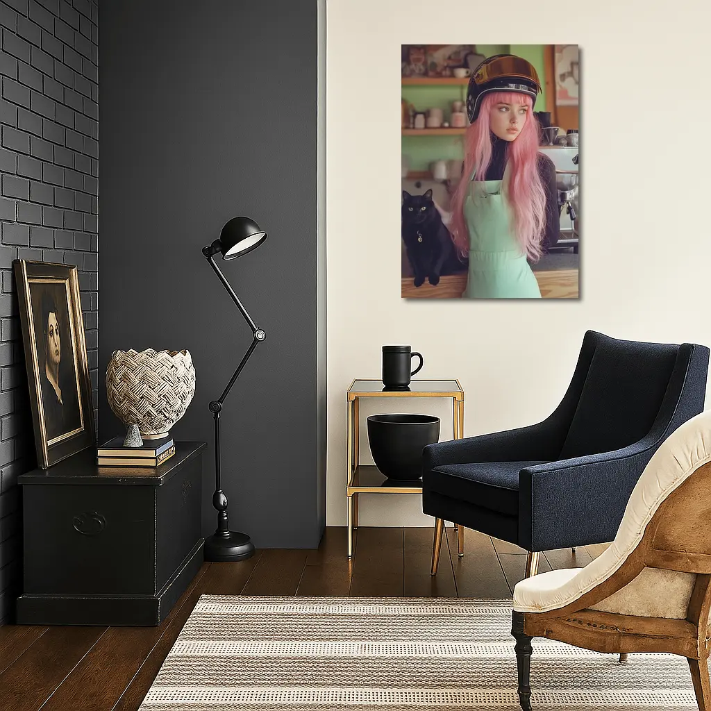 Pink Hair Girl Black Cat Coffee Shop – Wall Art