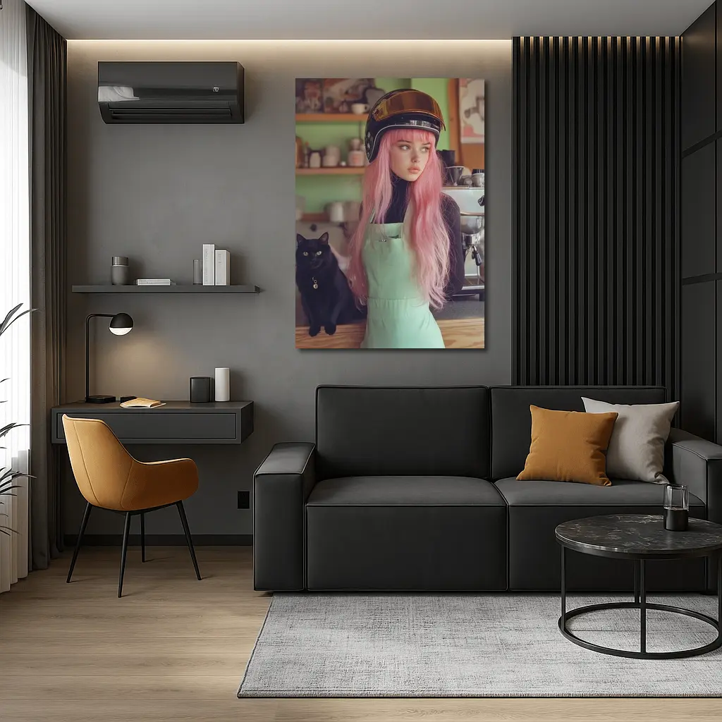 Pink Hair Girl Black Cat Coffee Shop – Wall Art