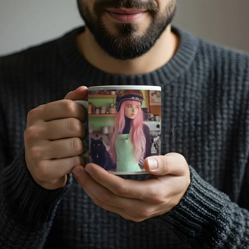 Pink Hair Girl Black Cat Coffee Shop – Mugs