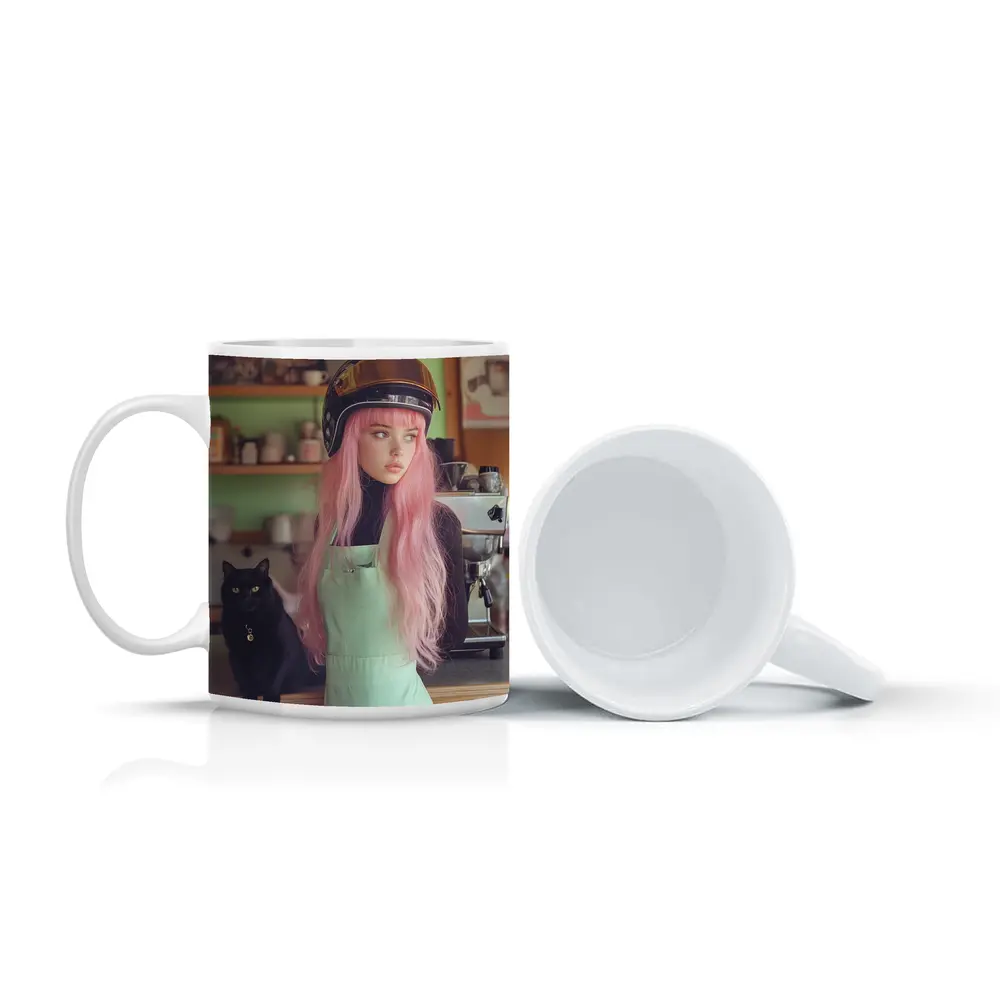 Pink Hair Girl Black Cat Coffee Shop – Mugs