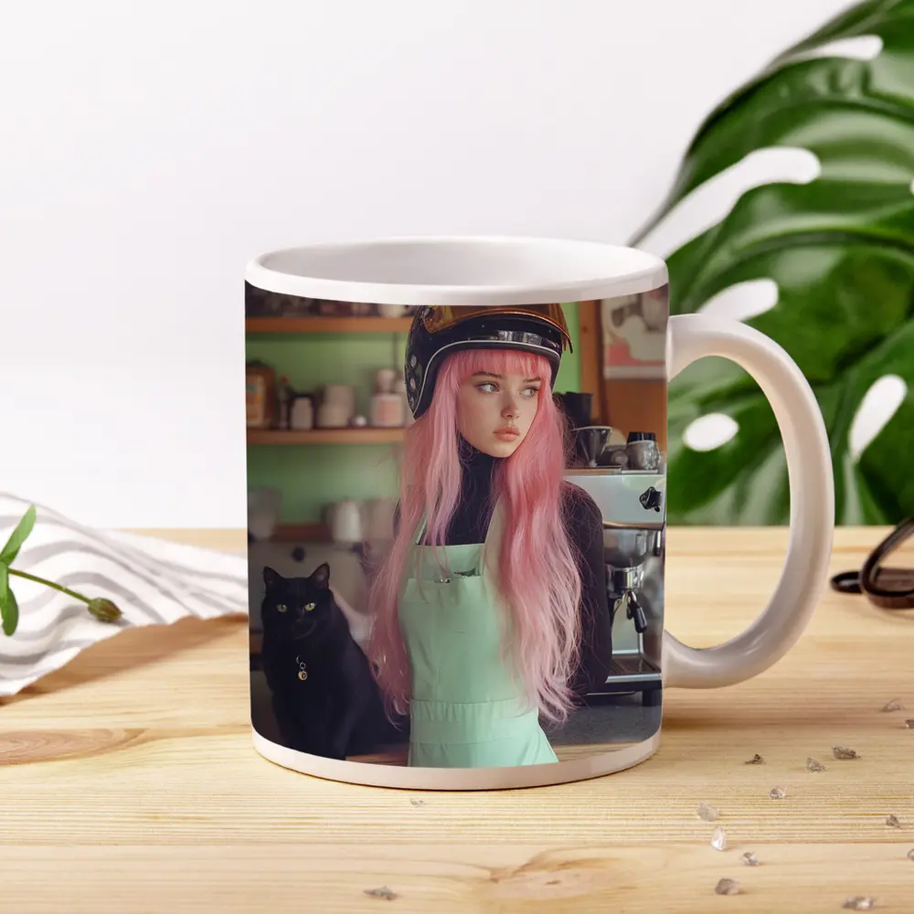 Pink Hair Girl Black Cat Coffee Shop – Mugs