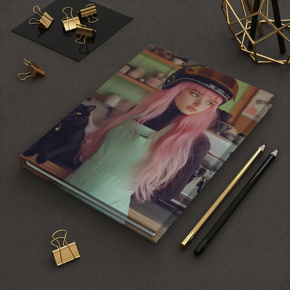 Pink Hair Girl Black Cat Coffee Shop – Notebooks