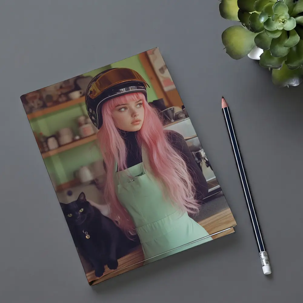 Pink Hair Girl Black Cat Coffee Shop – Notebooks