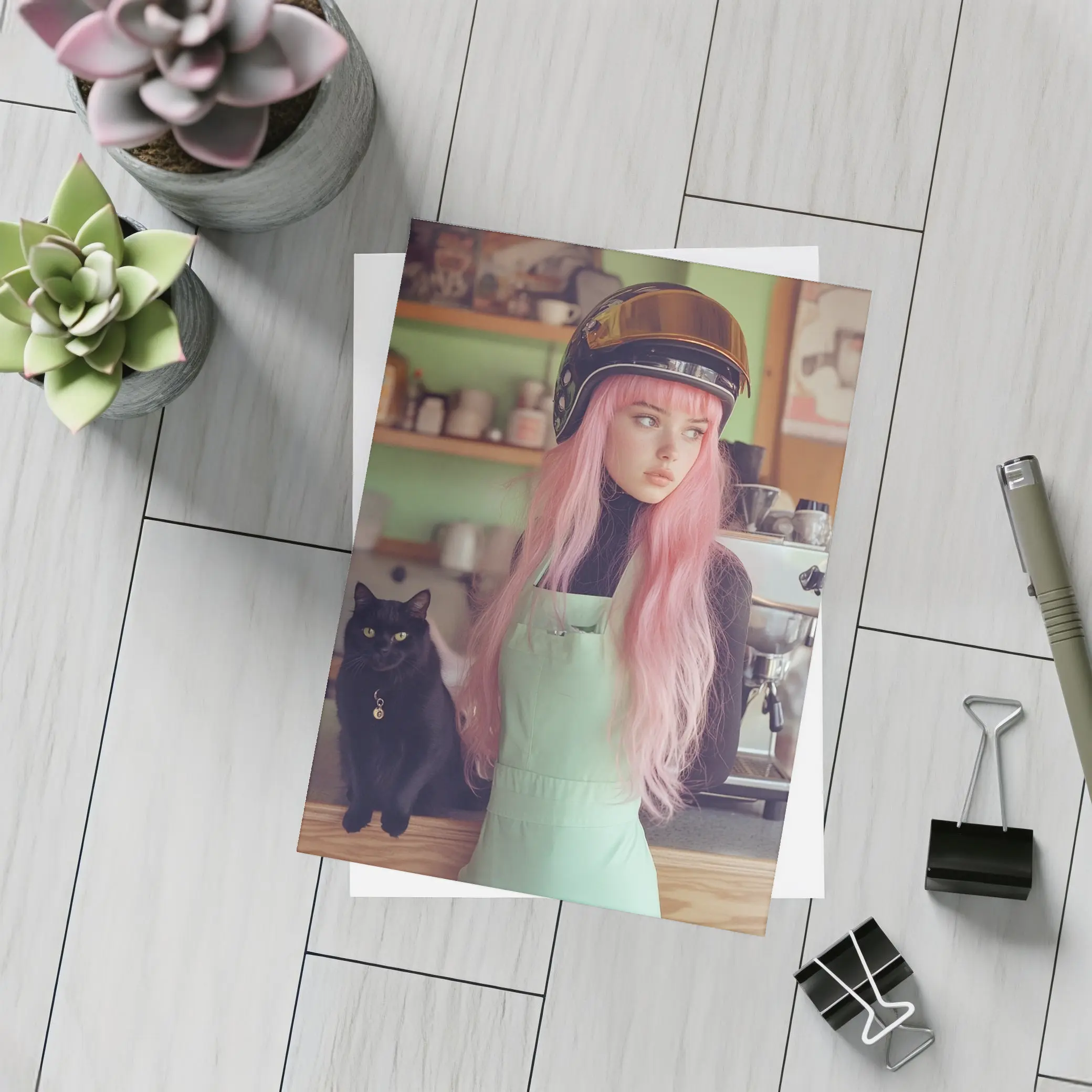 Pink Hair Girl Black Cat Coffee Shop – Postcards