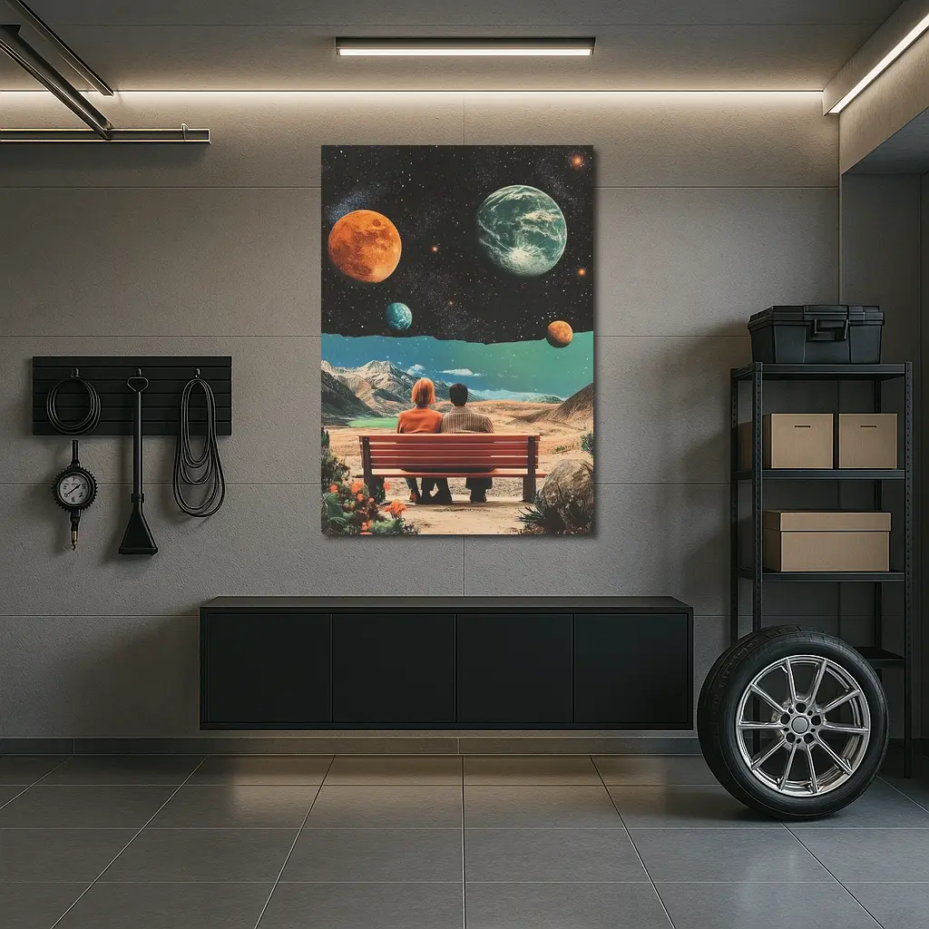 Retro Collage Couple Bench Space Planets – Wall Art