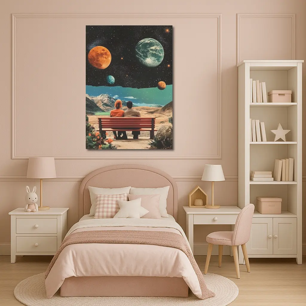 Retro Collage Couple Bench Space Planets – Wall Art