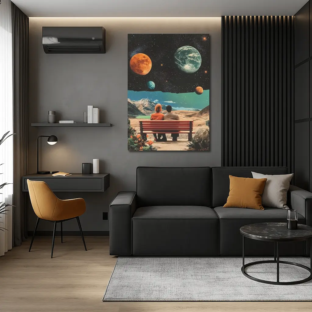 Retro Collage Couple Bench Space Planets – Wall Art
