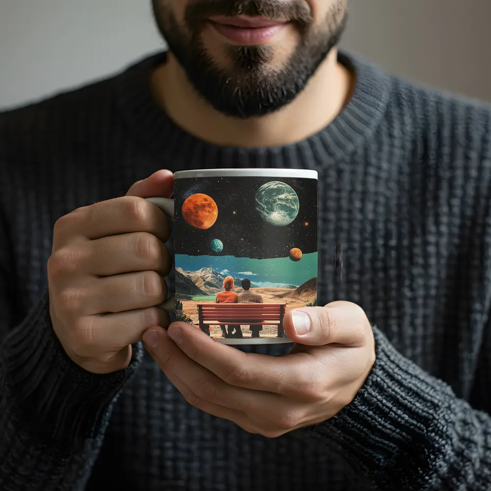 Retro Collage Couple Bench Space Planets – Mugs