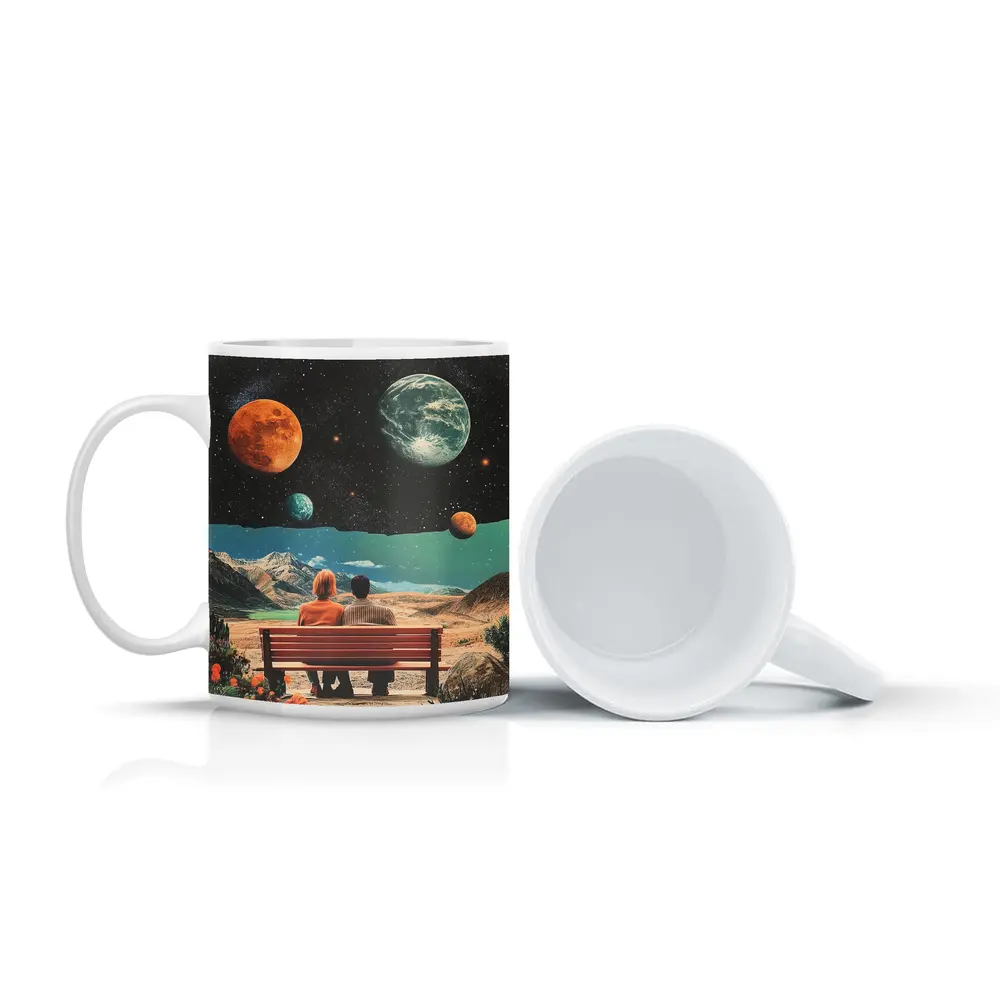 Retro Collage Couple Bench Space Planets – Mugs