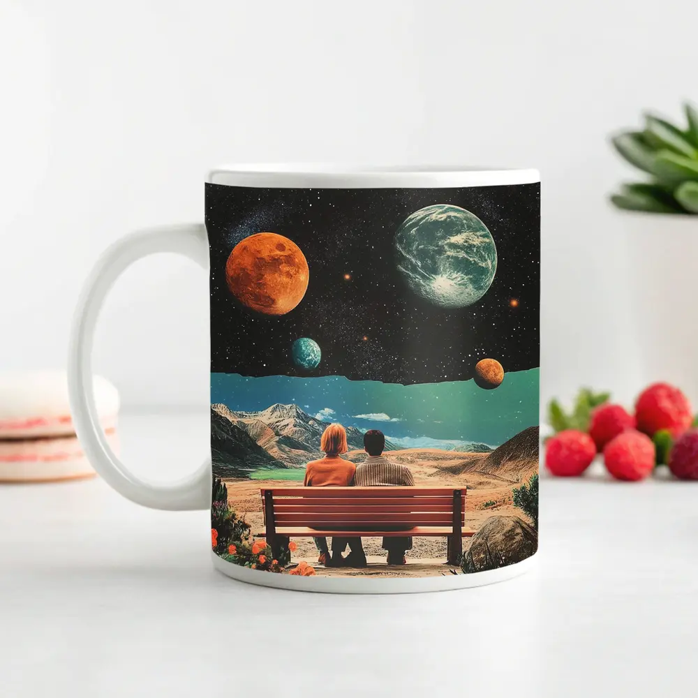 Retro Collage Couple Bench Space Planets – Mugs
