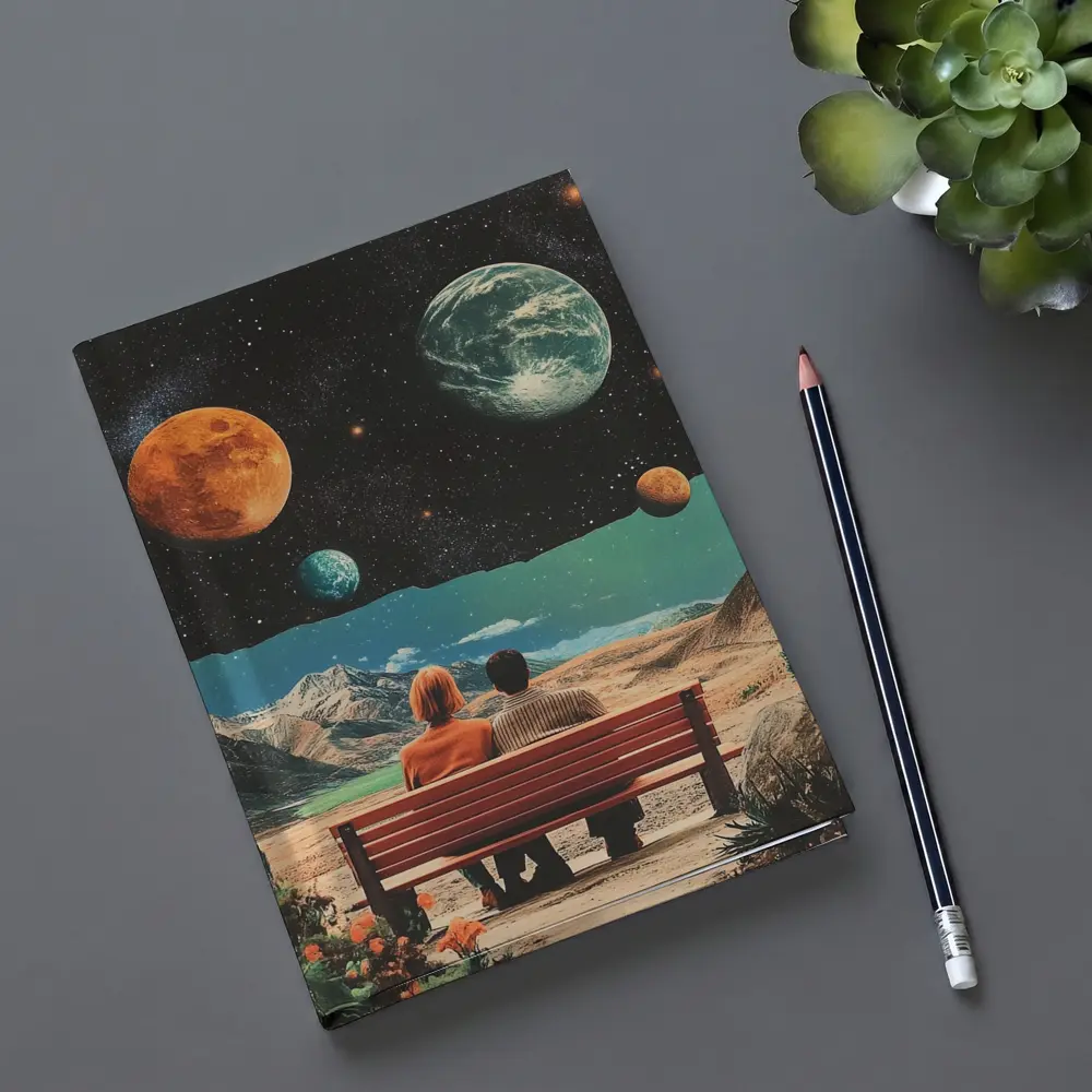 Retro Collage Couple Bench Space Planets – Notebooks
