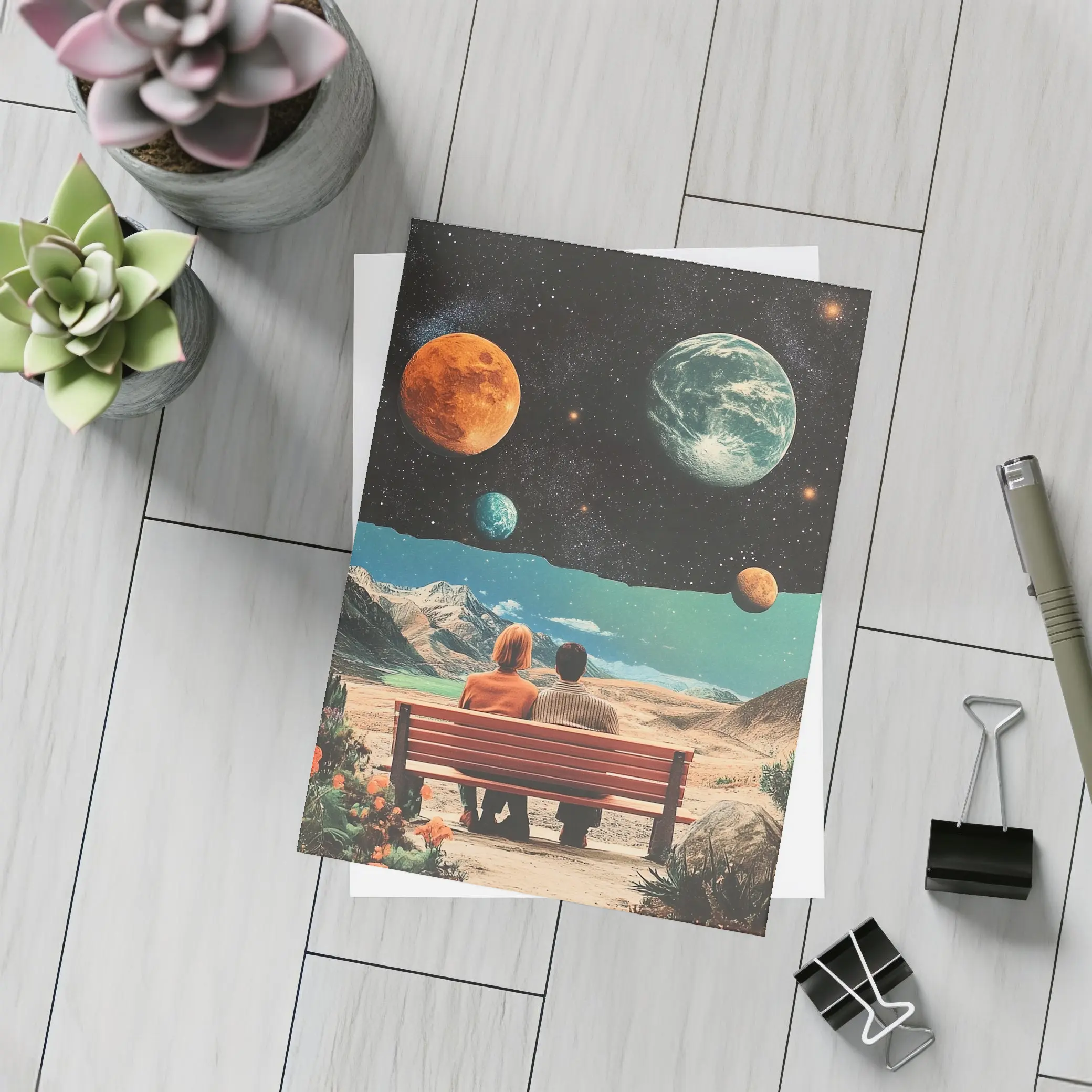 Retro Collage Couple Bench Space Planets – Postcards
