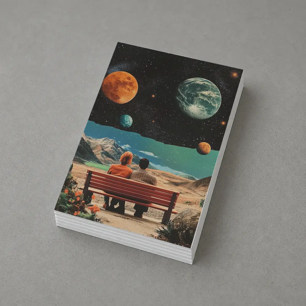 Retro Collage Couple Bench Space Planets – Postcards