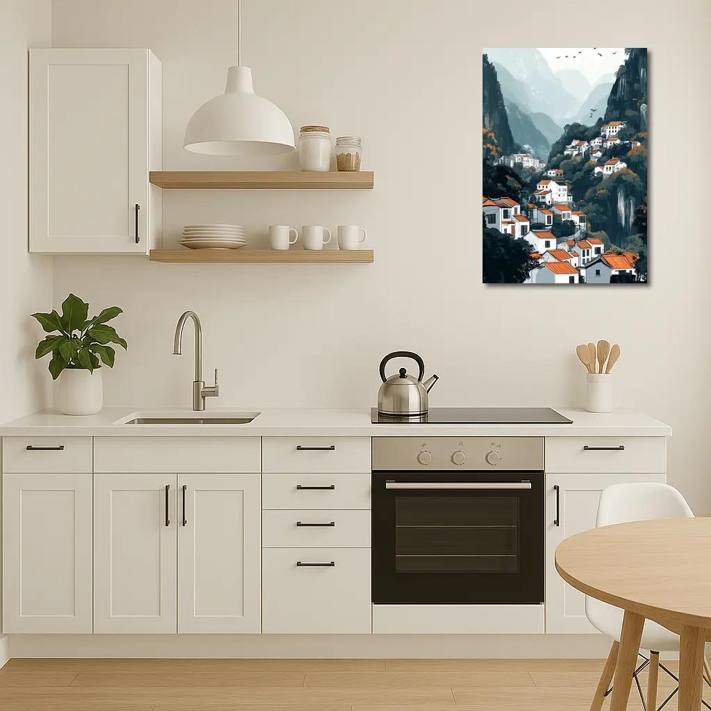 Chinese Mountain Village White Houses Illustration – Wall Art
