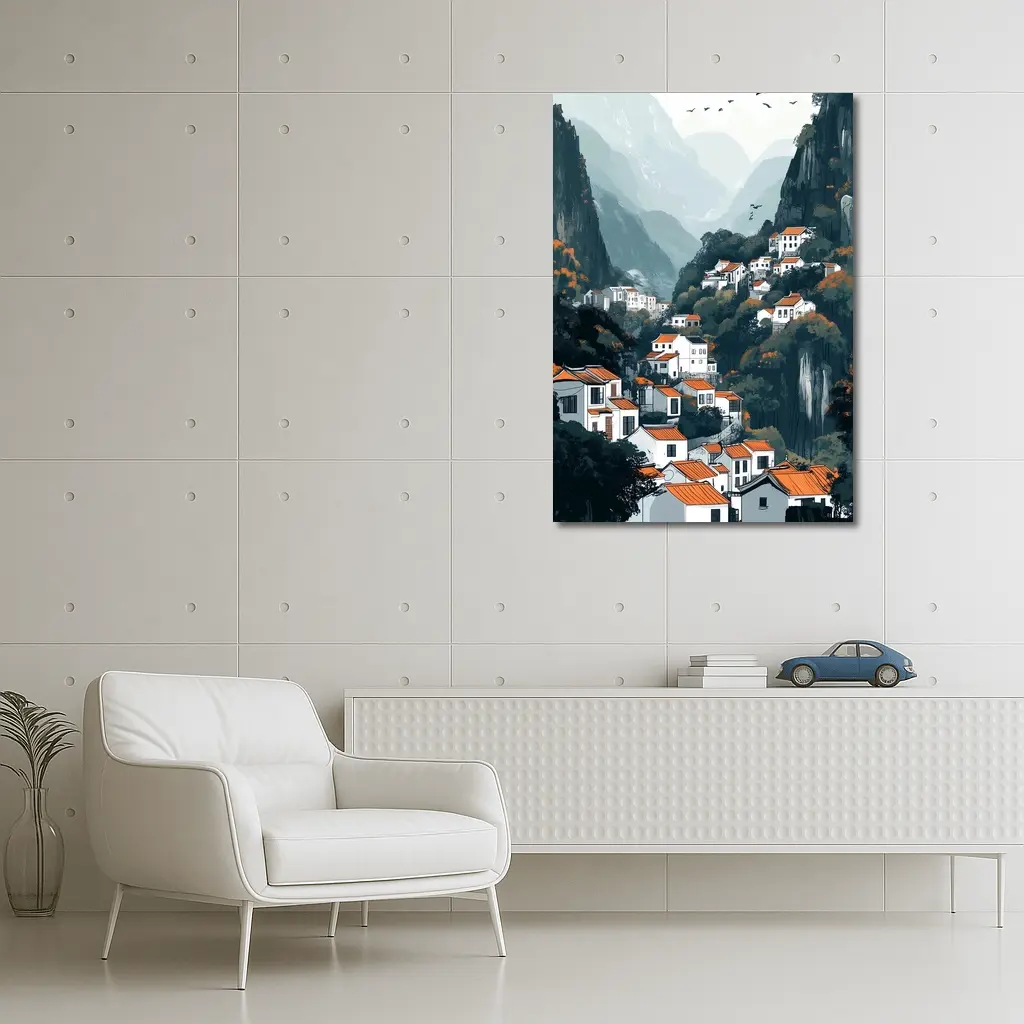 Chinese Mountain Village White Houses Illustration – Wall Art