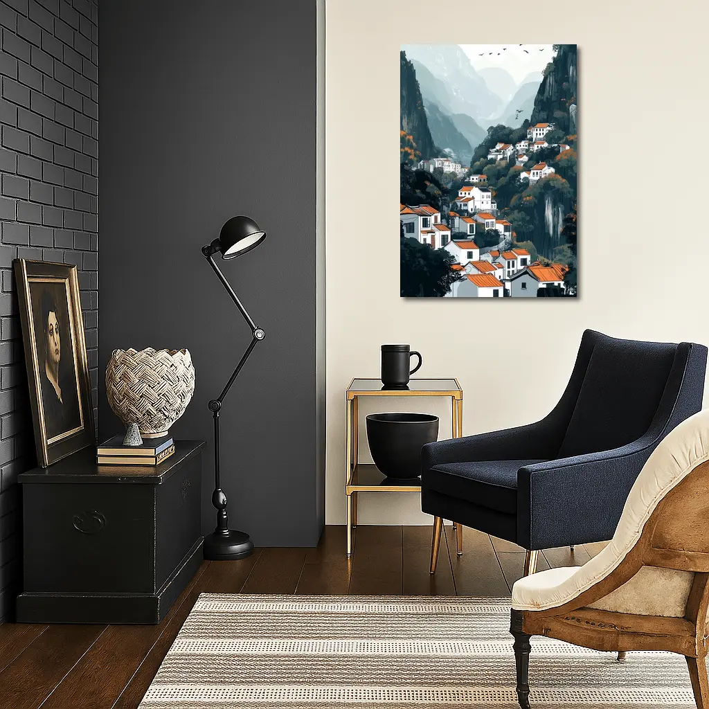 Chinese Mountain Village White Houses Illustration – Wall Art
