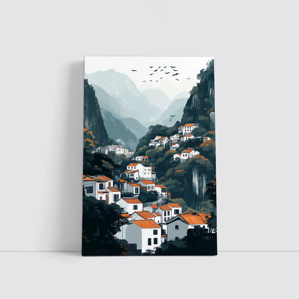 Chinese Mountain Village White Houses Illustration – Wall Art
