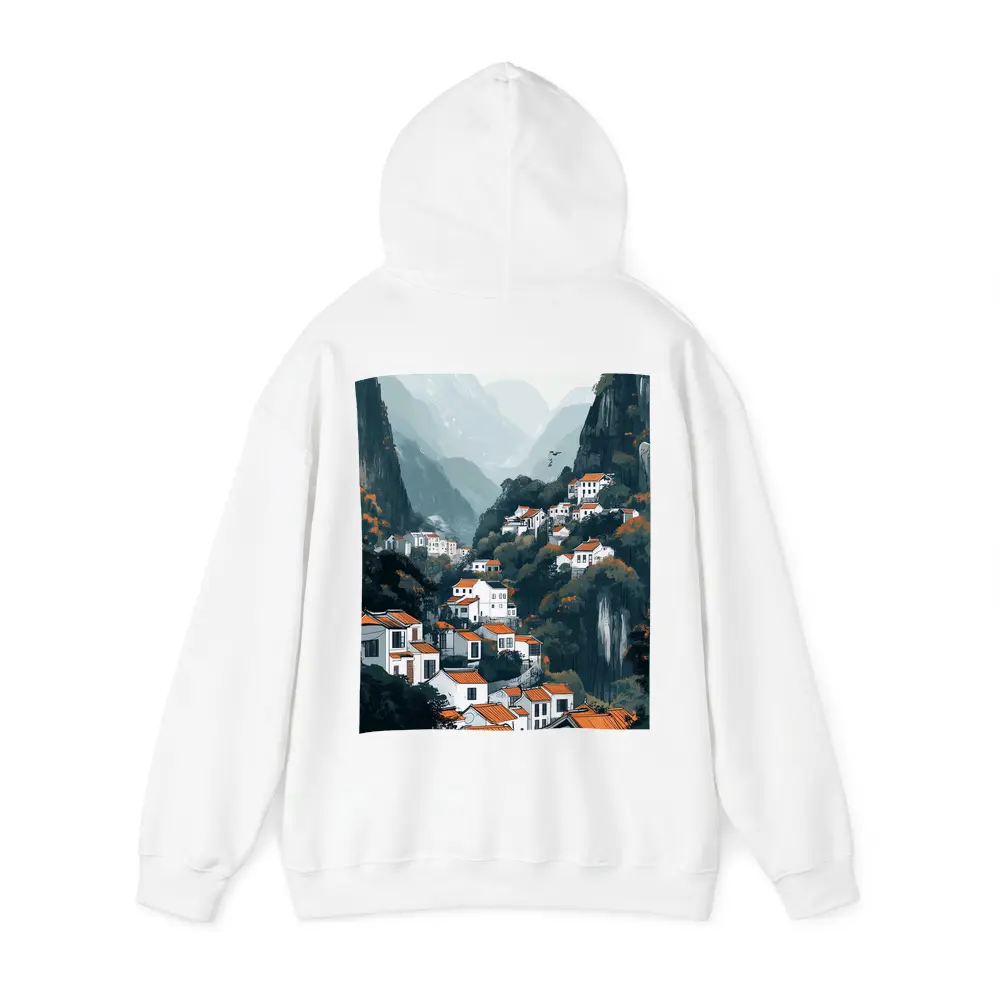 Chinese Mountain Village White Houses Illustration – Hoodies
