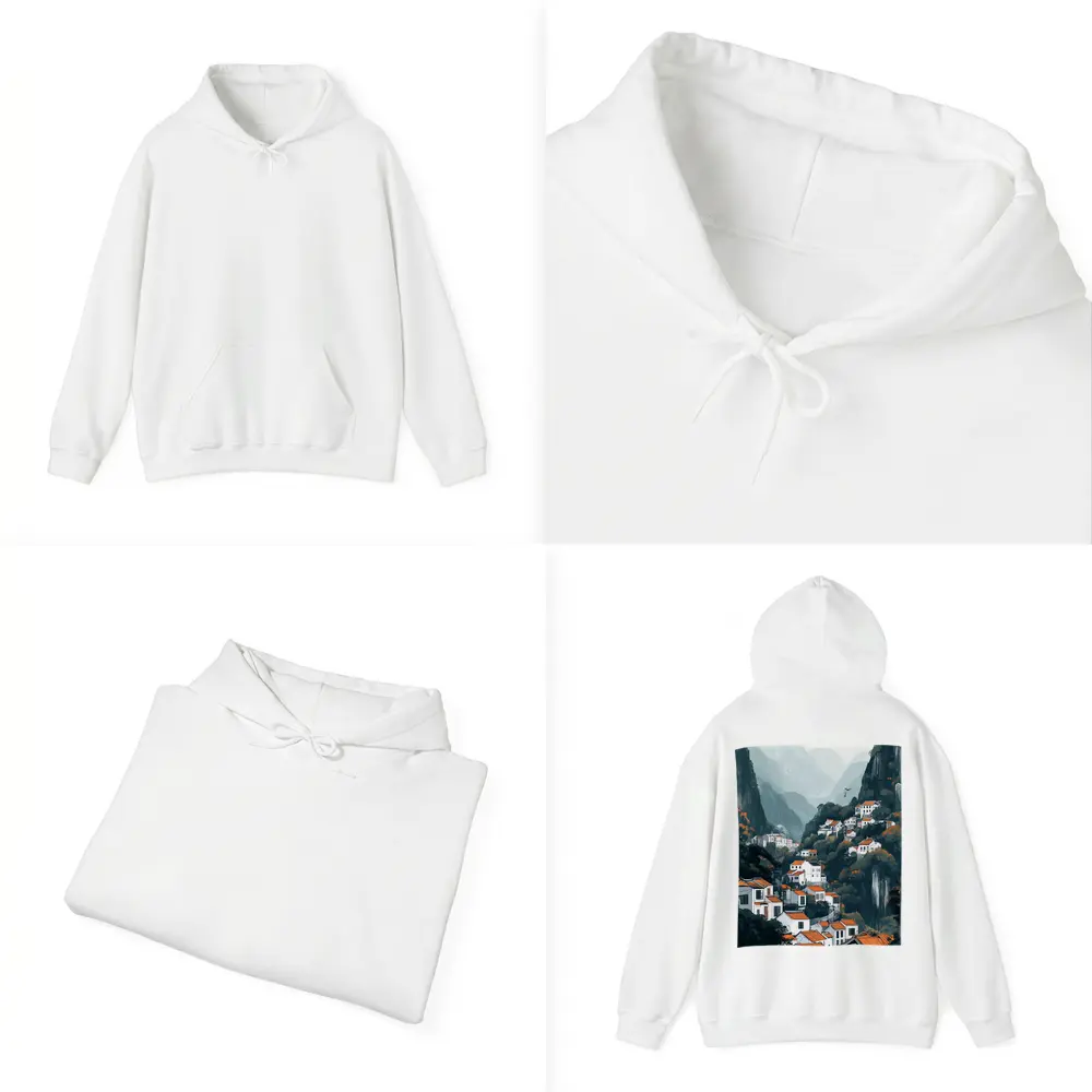Chinese Mountain Village White Houses Illustration – Hoodies