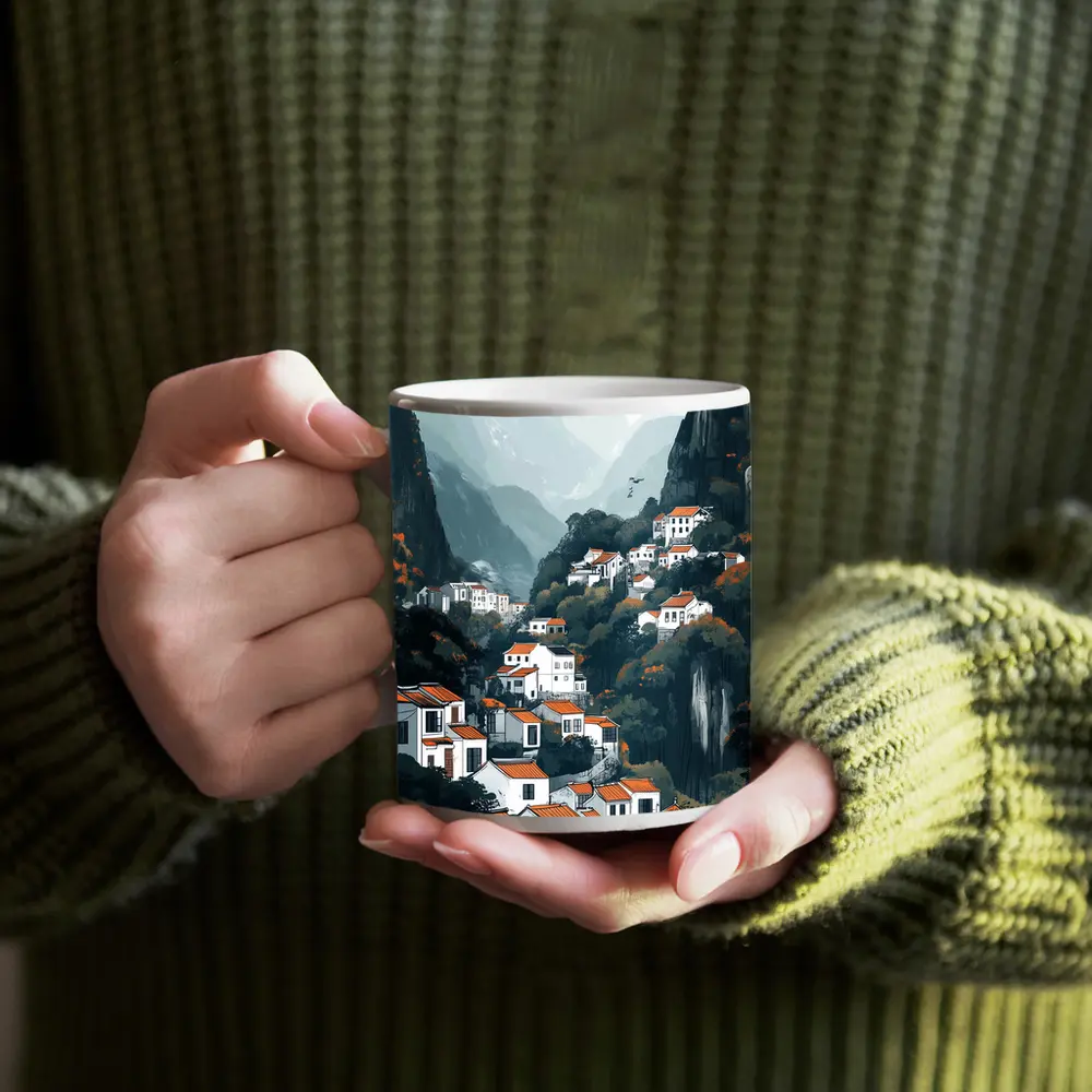 Chinese Mountain Village White Houses Illustration – Mugs