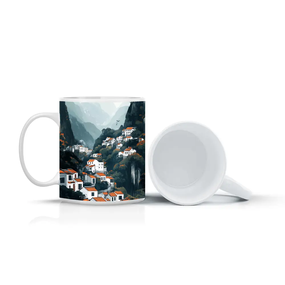 Chinese Mountain Village White Houses Illustration – Mugs