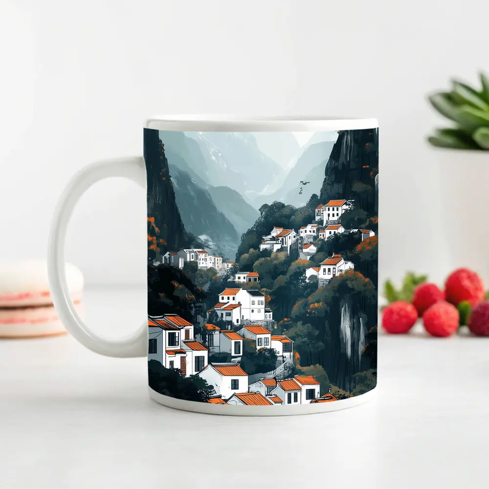 Chinese Mountain Village White Houses Illustration – Mugs