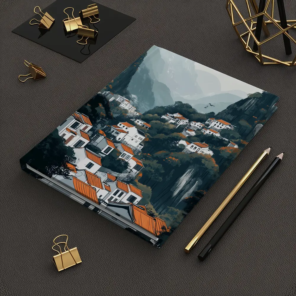Chinese Mountain Village White Houses Illustration – Notebooks
