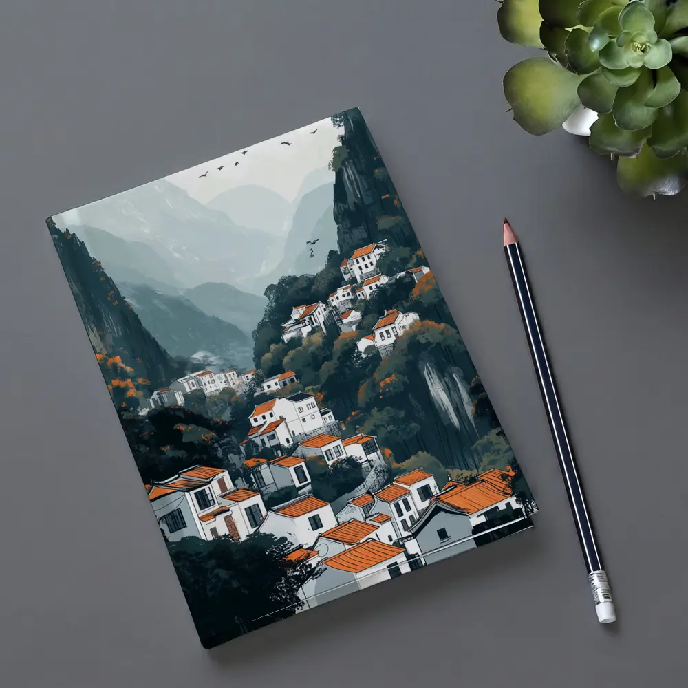 Chinese Mountain Village White Houses Illustration – Notebooks