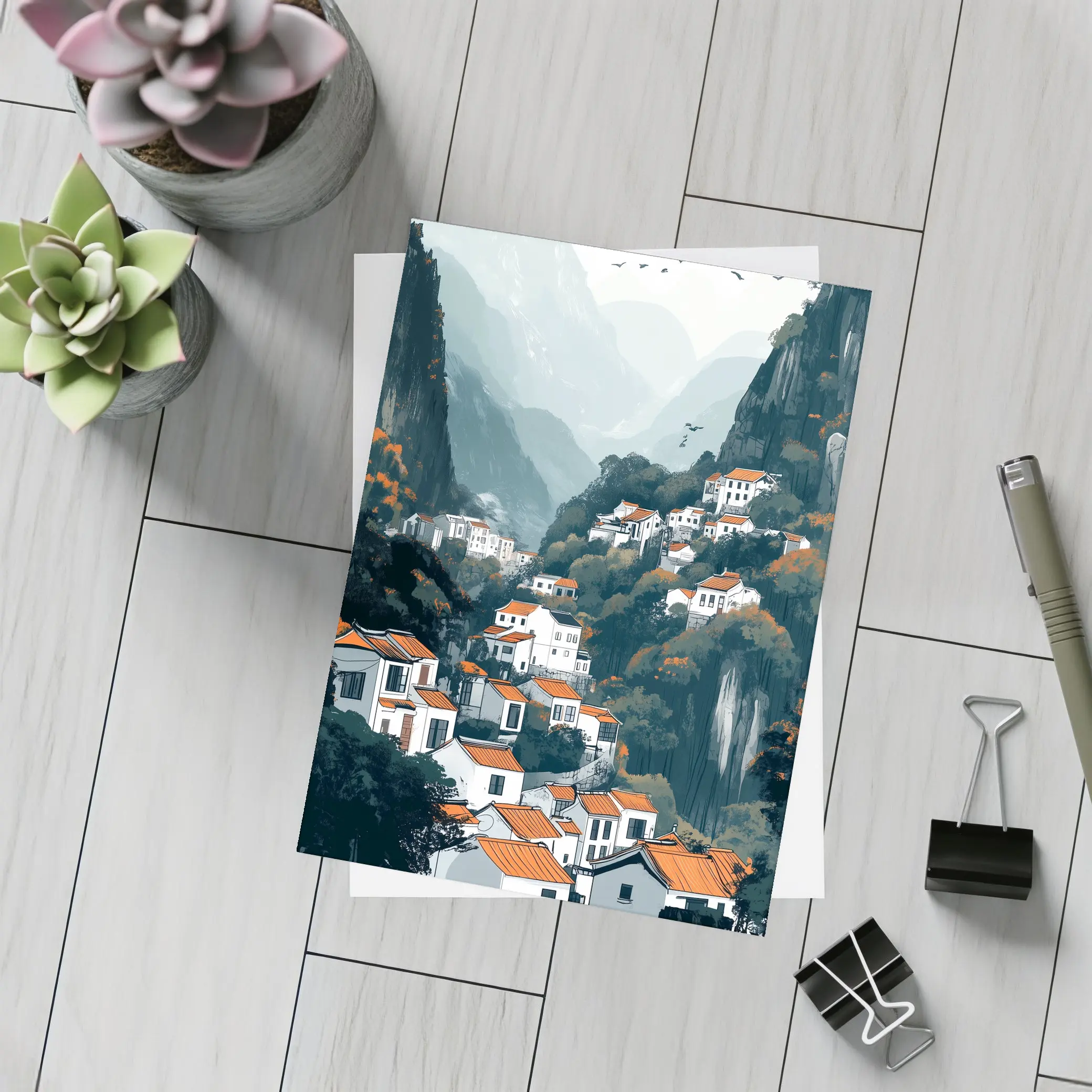 Chinese Mountain Village White Houses Illustration – Postcards
