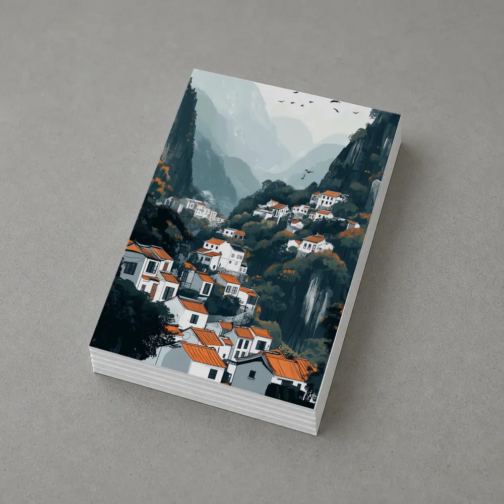Chinese Mountain Village White Houses Illustration – Postcards