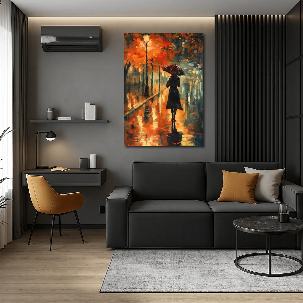 Woman With Umbrella Rainy Autumn Street Oil – Wall Art