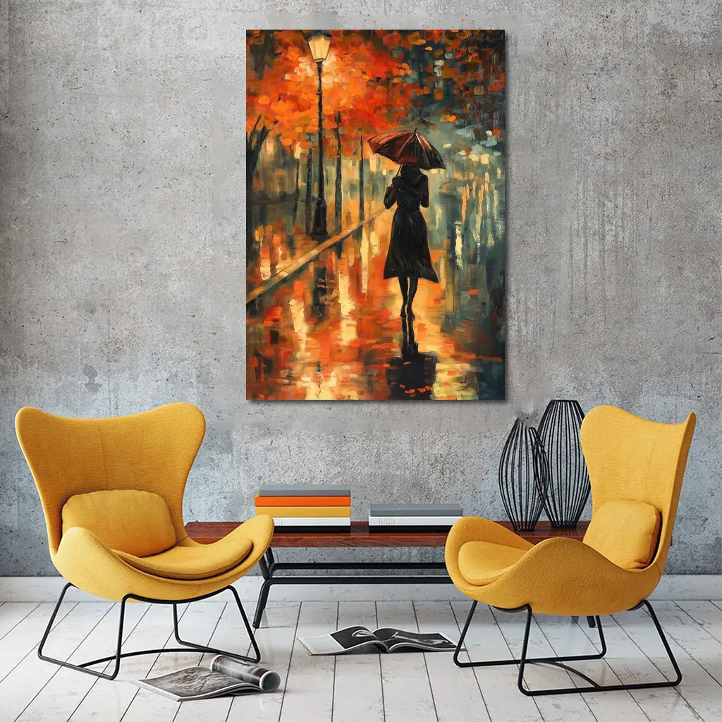 Woman With Umbrella Rainy Autumn Street Oil – Wall Art