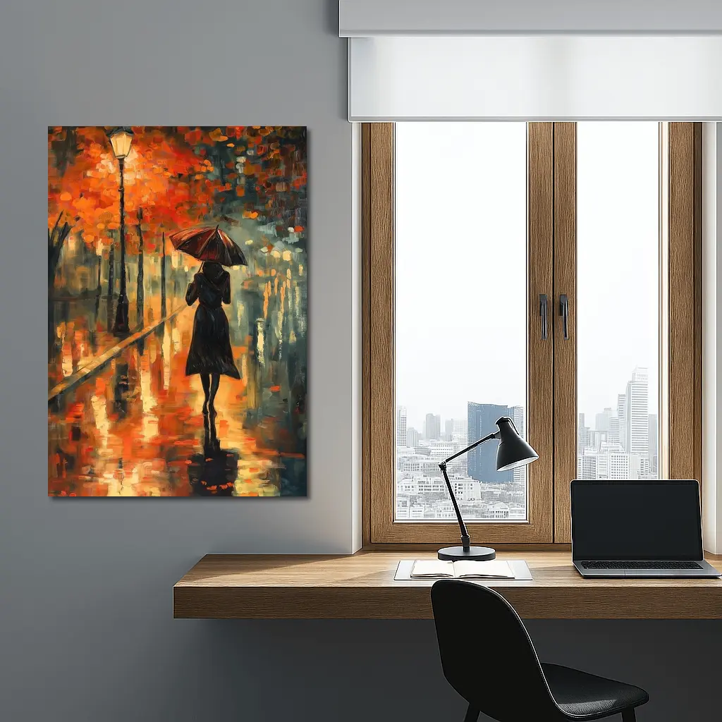 Woman With Umbrella Rainy Autumn Street Oil – Wall Art