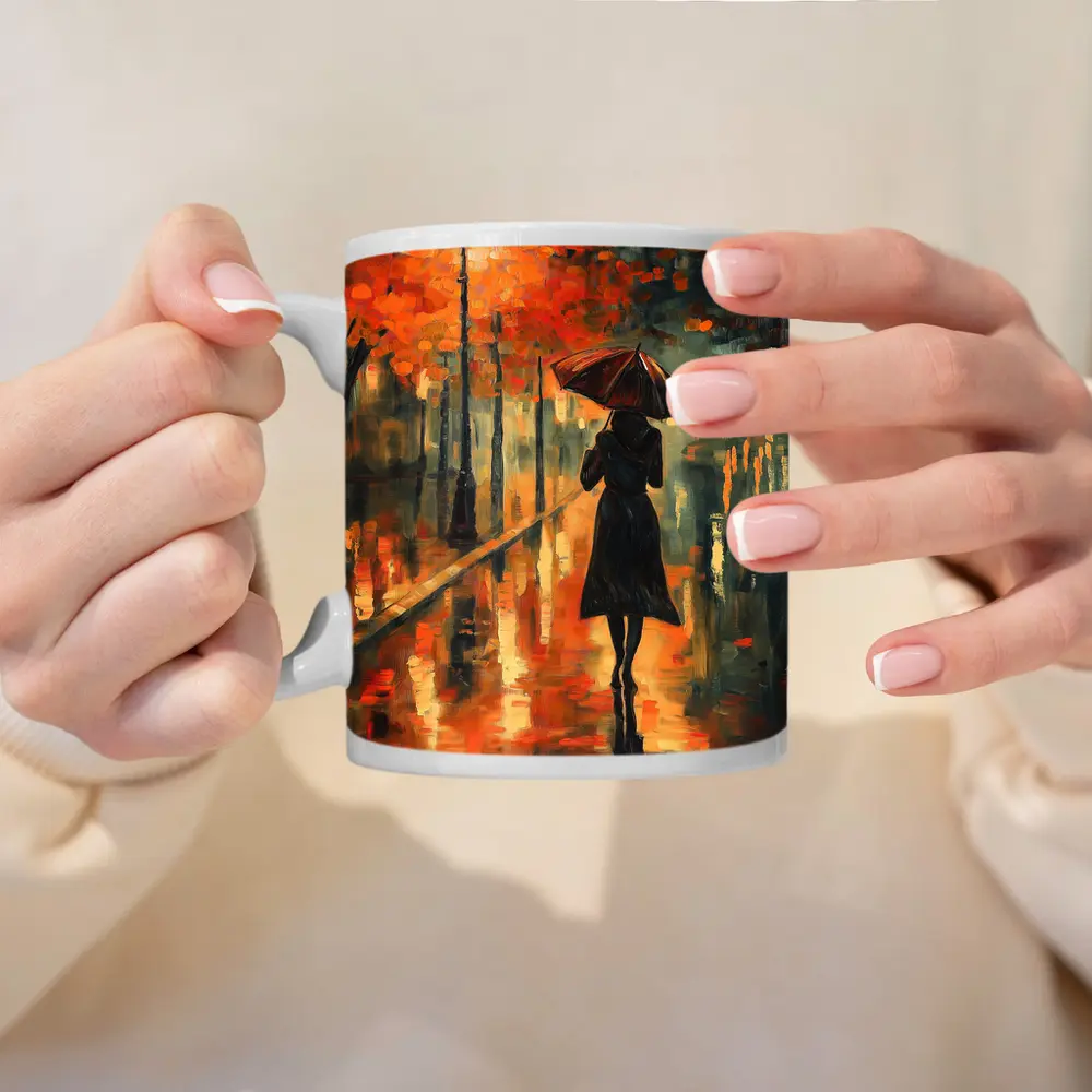 Woman With Umbrella Rainy Autumn Street Oil – Mugs