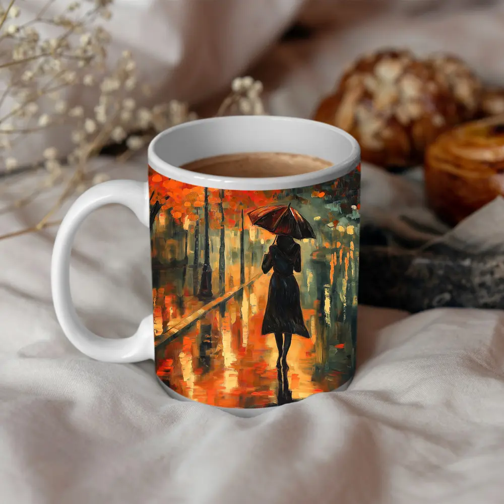 Woman With Umbrella Rainy Autumn Street Oil – Mugs