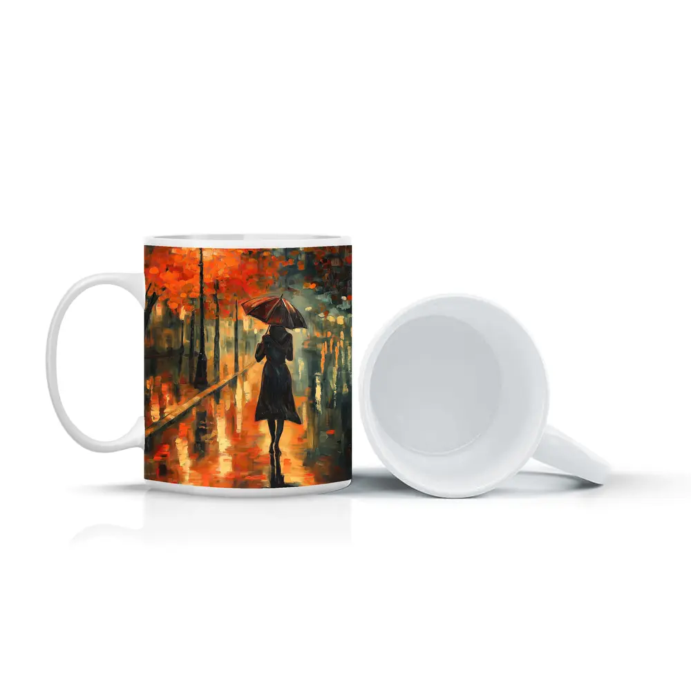 Woman With Umbrella Rainy Autumn Street Oil – Mugs